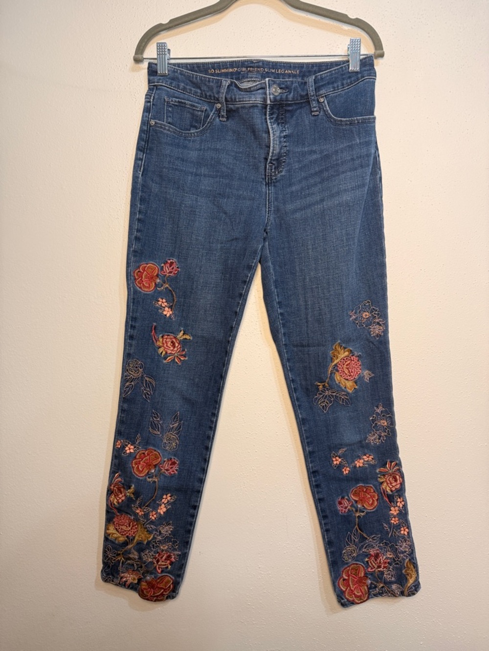 Chico's Dark Blue Skinny Jeans with Colorful Floral Embroidery